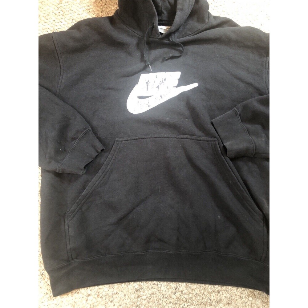 Nike Men's Center Swoosh Nike Logo Distressed Hoodie Large Black Drawstring